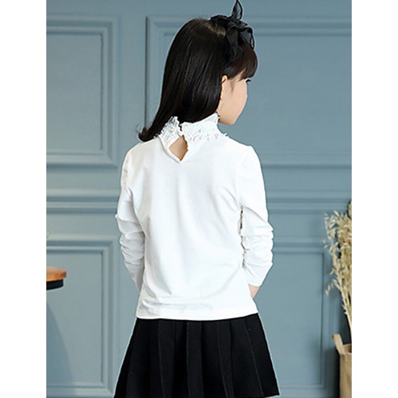 Girl's Cotton Spring/Autumn Fashion Solid Color Long Sleeve Ruffle Collar Lace Base Shirt Blouse Casual/Daily Clothes  