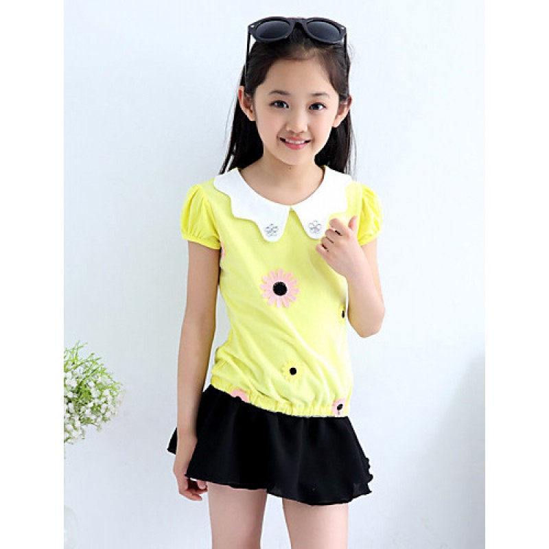 Girl's Cotton Summer Flower Adornment Doll Collar Short Sleeve Tee  