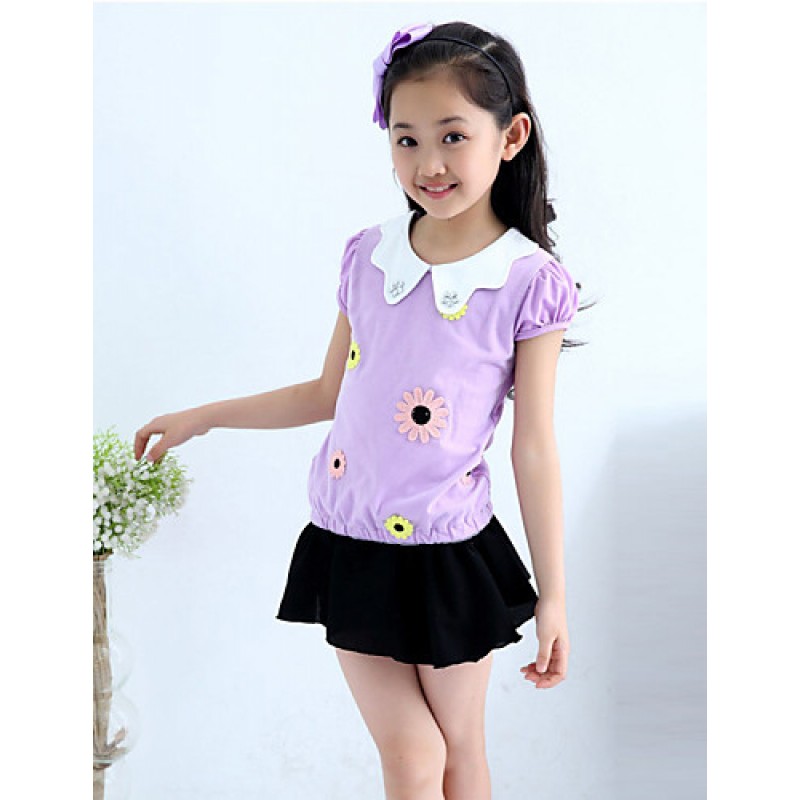 Girl's Cotton Summer Flower Adornment Doll Collar Short Sleeve Tee  